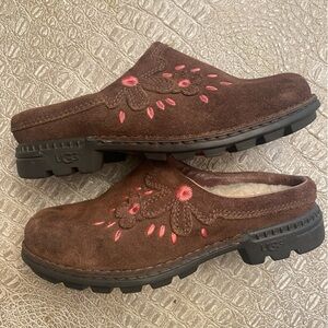 UGG Girls Chocolate Suede Mules with Pink Floral Design. Size 13